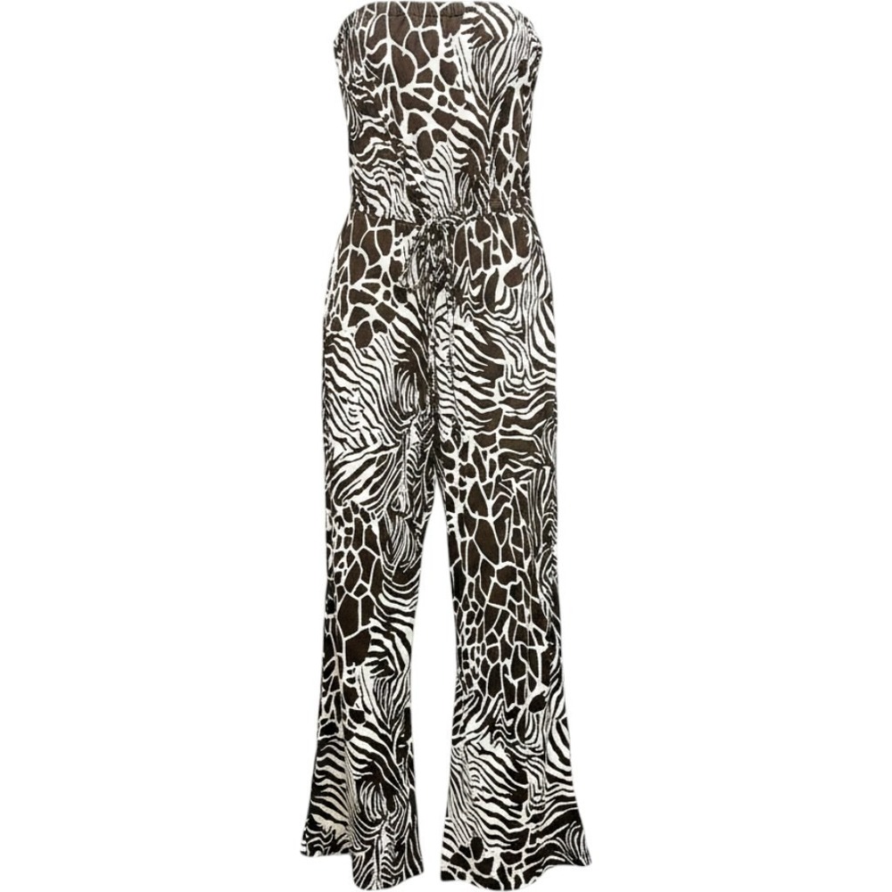 Bisou Bisou Animal Print Jumpsuit 14 Wide Leg Strapless Tube Top Boho Retro